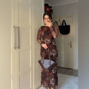 ZARA 5039/397 090 PRINTED TULLE DRESS size large light brown